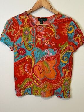 Lauren Ralph Lauren Colorful Paisley Top Petite Medium